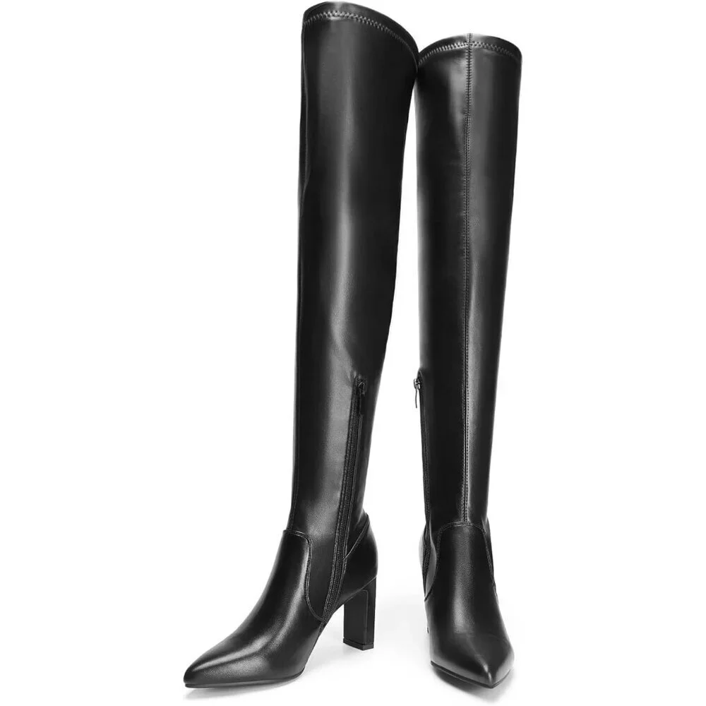 Women's Black Suede Over The Knee Thigh High Chunky High Heels Pointed Toe Boots